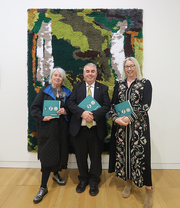 L-R: Jacquie Moore, Head of Art Management, OPW, Kevin Boxer Moran TD, Minister of State for the OPW, Claire Anderson, Deputy Head of Art Management, OPW at the official launch of CONNECTIONS at Luan Gallery on Friday 28th February 2025.